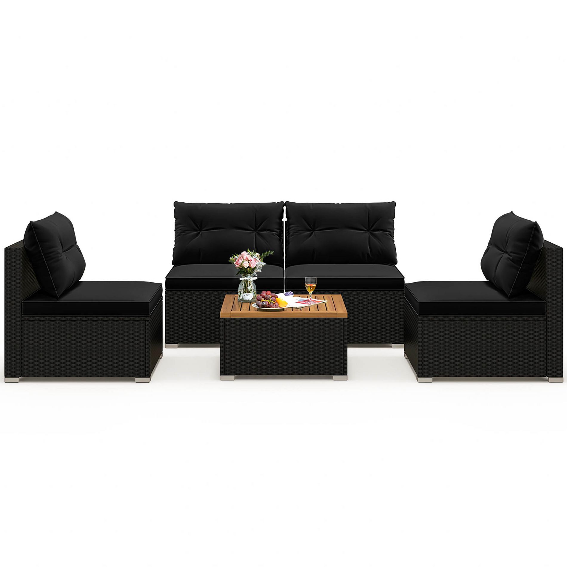 Tangkula 5 Piece Rattan Sofa Set Outdoor Wicker Furniture Set w/Seat & Back Cushions Square Coffee Table Patio Sofa Set for Backyard Poolside Black