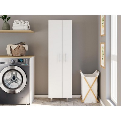 White Engineered Wood Tall Broom Closet Pantry with Shelves