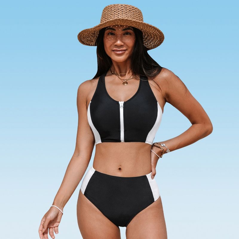 Women's Sporty Zip-Front Bikini Bralette High-Rise Bikini Set Swimsuit - Cupshe, 1 of 7