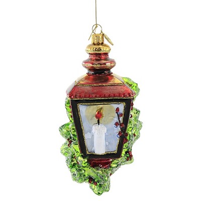 Huras 6.5" Red Lantern & Evergreens Ornament Candle Berries Light  -  Tree Ornaments