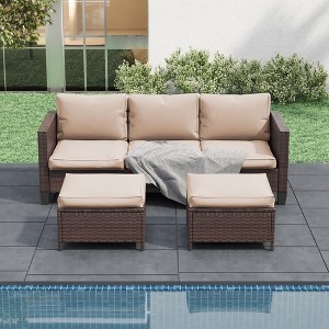 Sonkuki 3-Seater Patio Sofa Set Brown/Gray Rattan with Ottomans - 1 of 4