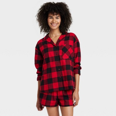 Image of Women's Buffalo Check Flannel Long Sleeve Top and Shorts Pajama Set - Auden™ Red L