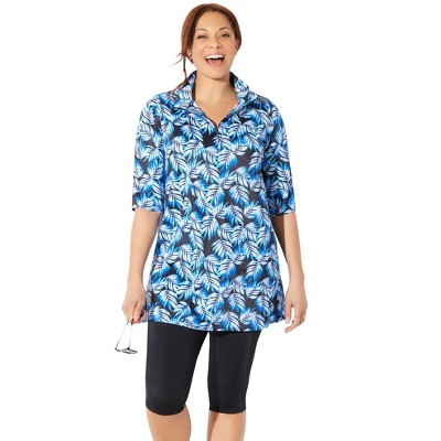 Swimsuits for All Women's Plus Size Sun Resistant Quarter Zip Swim Top
