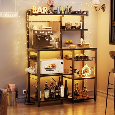 Aheaplus Kitchen Storage Shelf with Hooks, Coffee Bar with Charging Station and Shelves