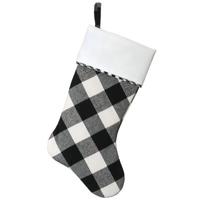 19" Black and White Plaid Christmas Stocking with White Cuff