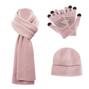 NPolar"Winter 3-Piece Set: Knitted Beanie, Touch Screen Gloves & Long Neck Scarf for Men & Women"Pink - 1 of 4