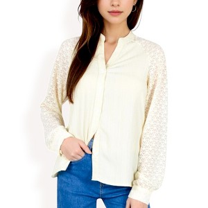 Anna-Kaci Women's Lace Sleeve Button-Up Blouse with Stand Collar and Relaxed Fit - 1 of 4