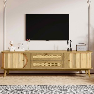 MAYEERTY Rattan TV Stand for TVs up to 75", Modern Framhouse Media Console, Entertainment Center with Solid Wood Legs for Living Room Natural Wood - 1 of 4