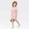 Girls Romper Flounce Squar Neck Belted Jumpsuit with Lace Trim Elastic Adjustbale Neckline Romper - 4 of 4