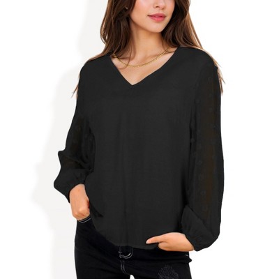 Anna-Kaci Women's Sheer Sleeve V-Neck Blouse with Delicate Dot Embroidery for Casual Looks