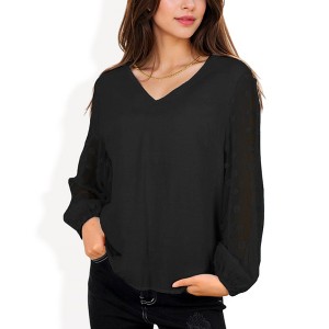 Anna-Kaci Women's Sheer Sleeve V-Neck Blouse with Delicate Dot Embroidery for Casual Looks - 1 of 3
