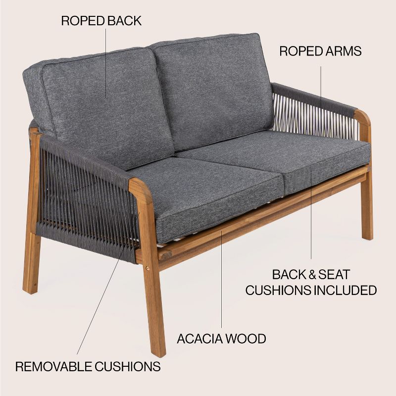 Arwen Modern Bohemian Roped Acacia Wood Outdoor Loveseat with Cushions - JONATHAN Y, 5 of 10