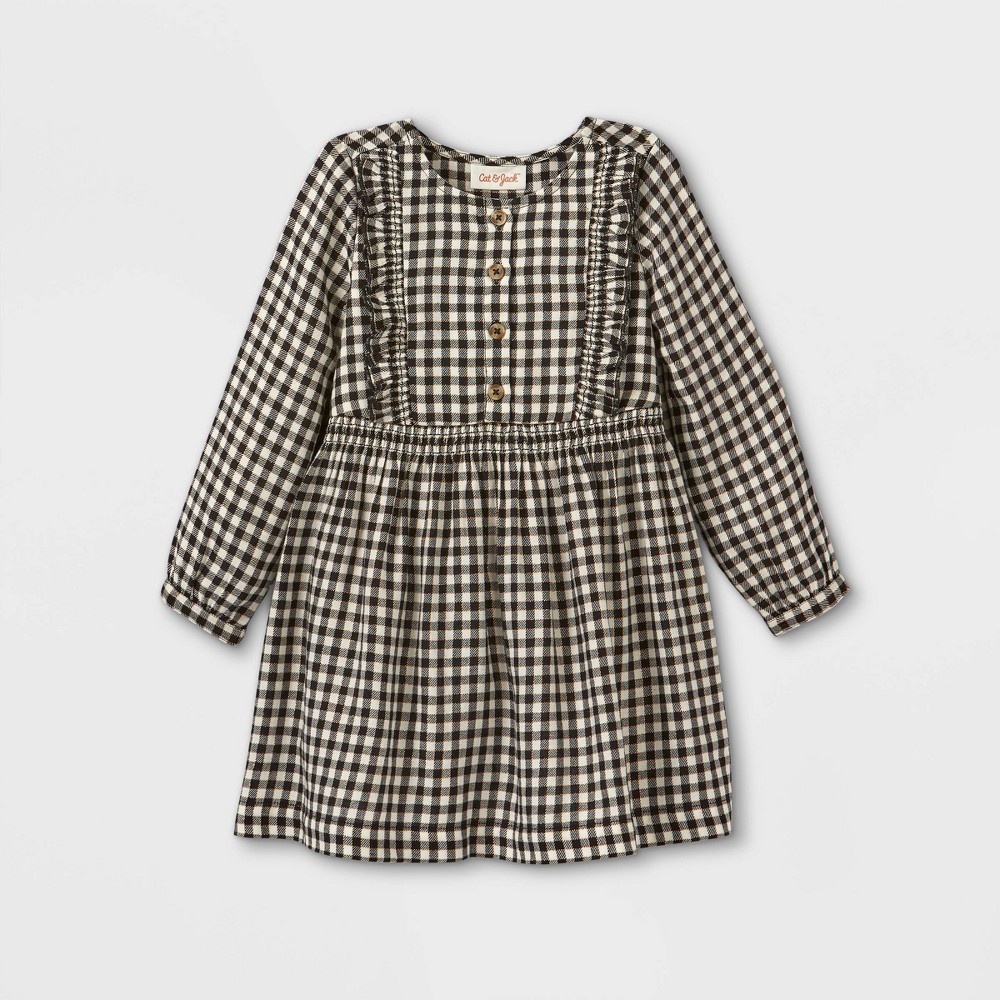 Size 5T Toddler Girls' Sparkle Plaid Button-Front Long Sleeve Dress - Cat & Jack Cream/Black 5T