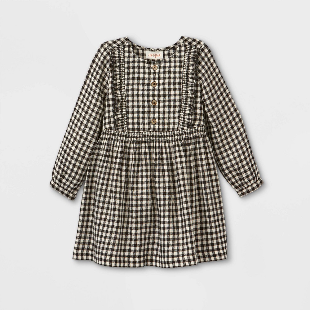 size 18M Toddler Girls' Sparkle Plaid Button-Front Long Sleeve Dress - Cat & Jack Cream/Black 18M