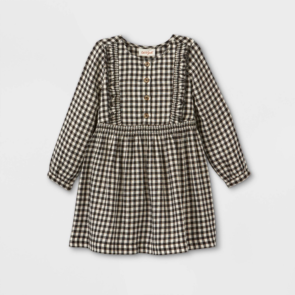 Size 4T Toddler Girls' Sparkle Plaid Button-Front Long Sleeve Dress - Cat & Jack Cream/Black 4T