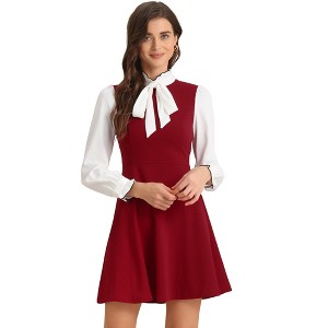 INSPIRE CHIC Women's Elegant Contrast Ruffle Stand Collar Bow Tie Puff Sleeve Office Dress - 1 of 4