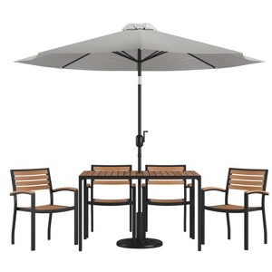 Emma and Oliver7 Piece Patio Table Set - 4 Synthetic Faux Teak Stackable Chairs - Faux Teak Table - Umbrella with Base - 1 of 4