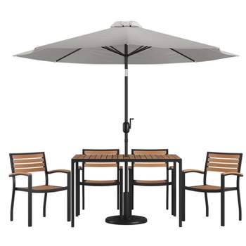 Emma and Oliver7 Piece Patio Table Set - 4 Synthetic Faux Teak Stackable Chairs - Faux Teak Table - Umbrella with Base