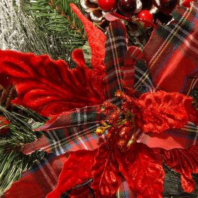 30" Red Tartan Plaid Christmas Wreath with LED Lights