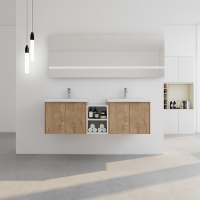 Vynxaria 60 Inch Soft Close Doors Bathroom Vanity With Sink, Two Small Storage Shelves, 24" and 12" Combination Cabinet