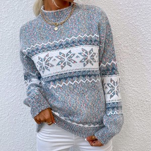 Women's Long Sleeve Mock Neck Knitted Sweater Geometric Snowflake Graphic Fitted Pullover Sweaters - 1 of 3
