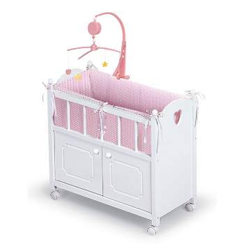 Badger Basket Cabinet Doll Crib with Gingham Bedding and Free Personalization Kit - White/Pink
