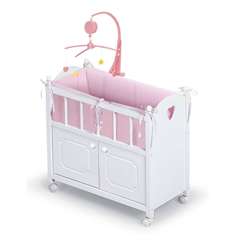 Badger Basket Cabinet Doll Crib with Gingham Bedding and Free Personalization Kit - White/Pink, 1 of 13