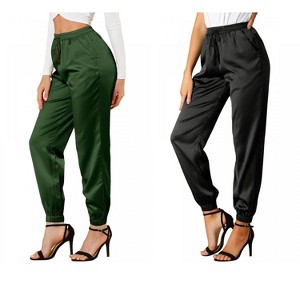 Allegra K Women's Drawstring Elastic Waist Ankle Length Satin Joggers with Pocket 2 Pcs - 1 of 4