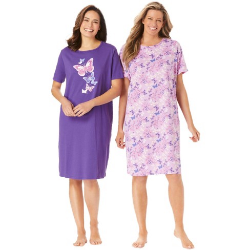 Dreams & Co. Women's Plus Size 2-pack Short-sleeve Sleepshirt, 5x/6x - Plum  Burst Floral Butterfly : Target