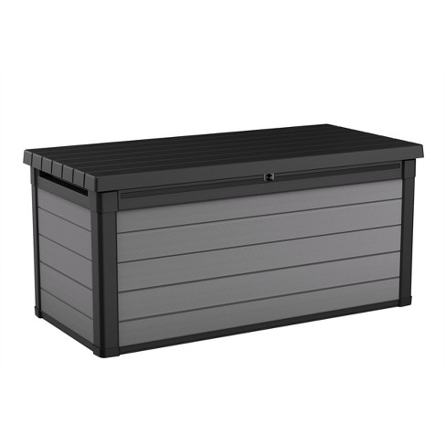 Keter Large 120 Gallon Waterproof All-Weather Resistant Wood Panel Outdoor  Deck Garden Storage Box Bench - Brown