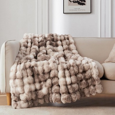 Attop Faux Fur Throw Blanket for Couch, Cozy Soft and Fuzzy Plush Rabbit Fur Bubble Blanket for Sofa Bedroom Living Room