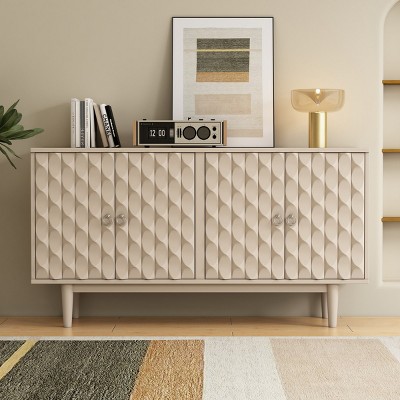 Storage Cabinets With 4 Doors, Storage Cabinets Wood, Accent Cabinet Storage With Convex Pattern Doors And 2 Silver Handle-Cuddlewood