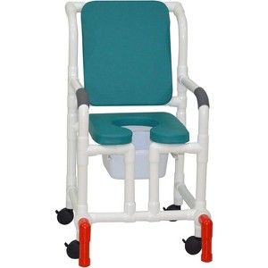 MJM International Corporation Shower chair 18 in width 3 in BLUE cushion padded back true vertical open front 10 qt slide mode pail front 300 lb wt - 1 of 1