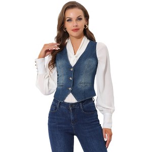 INSPIRE CHIC Women's Denim Sleeveless V Neck Button Down Casual Waistcoat Vest - 1 of 4