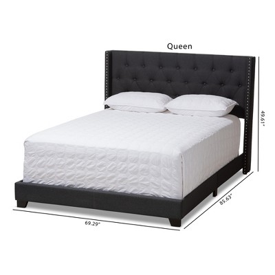 Charcoal Gray Upholstered Queen Bed with Tufted Headboard and Nailhead Trim