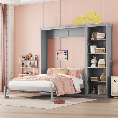 NicBex Full Size Murphy Bed Wooden Bed Frame Morden Hideaway Wall Bed with 1 Side Storage Shelves for Bedroom