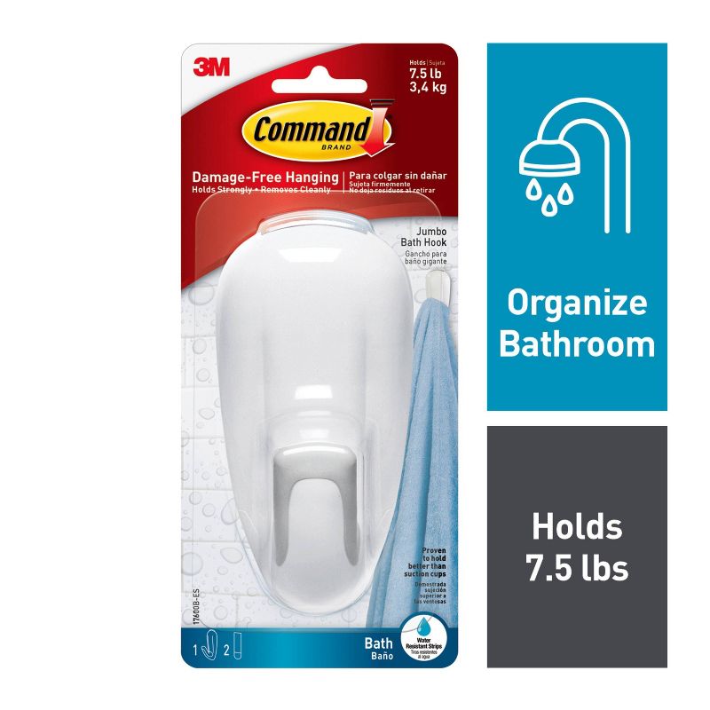 Command 1 Hook 2 Strips Large Sized Bathroom Decorative Hook with Water Resistant Strips White, 3 of 15