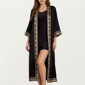 Anna-Kaci Lounge Women's Satin Long Robe with Embroidered Trim and Wide Sleeves - 1 of 4