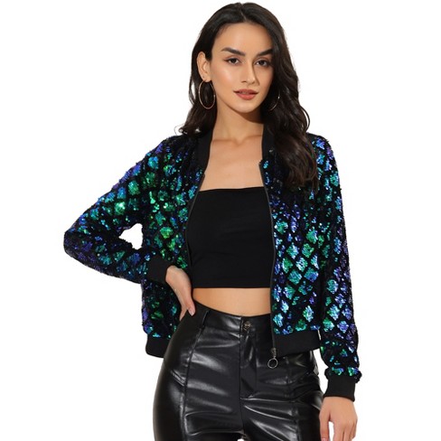 Allegra K Women's Halloween Sequin Long Sleeve Zipper Up Glitter Bomber ...