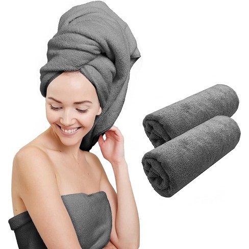 Scala Microfiber Hair Towel Wrap Rectangle Twist for Women (2 Pack) - Gray  24 x 48 inches