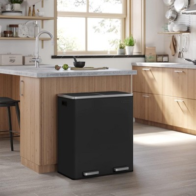 SONGMICS Trash Can, 2 x 8 Gal Garbage Can with 15 Trash Bags, 2 Compartments, Plastic Inner Buckets and Hinged Lids