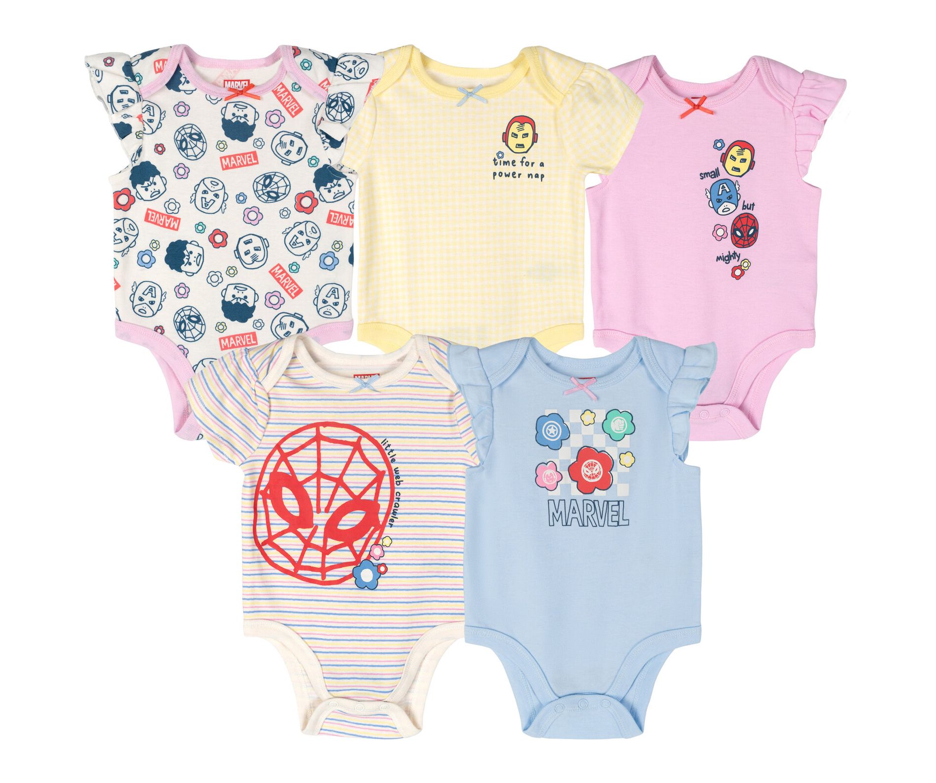 Marvel Avengers Infant Baby Girls 5 Pack Bodysuits Pink / Blue Yellow 18 Months