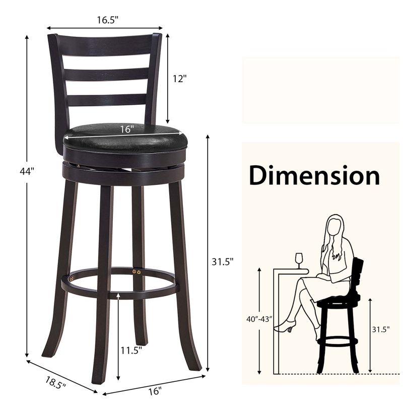 Costway Set of 4 Bar Stools Swivel Bar Height Chairs with PU Upholstered Seats Kitchen, 3 of 8