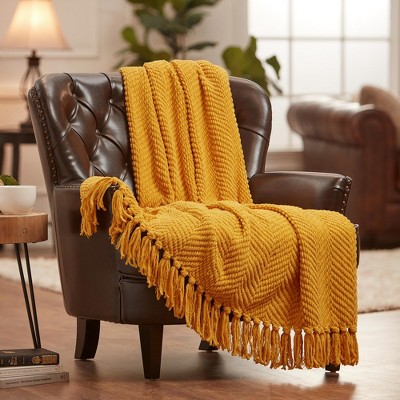 Golden Knitted Faux Fur Throw Blanket with Tassels