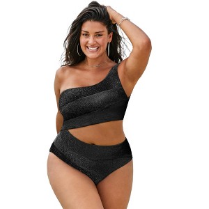Swimsuits for All Women's One Shoulder Color Block Cutout One Piece Swimsuit (Plus Sizes Available) - 1 of 4