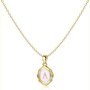 14K Gold Plated Oval Initial Necklace White Enamel Personalized Jewelry - 1 of 4