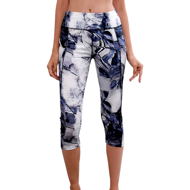 Anna-Kaci Women's Printed High Waisted Blue White Yoga Gym Stretchy Capri Pants Leggings- Small ,Style 1, 1 of 7