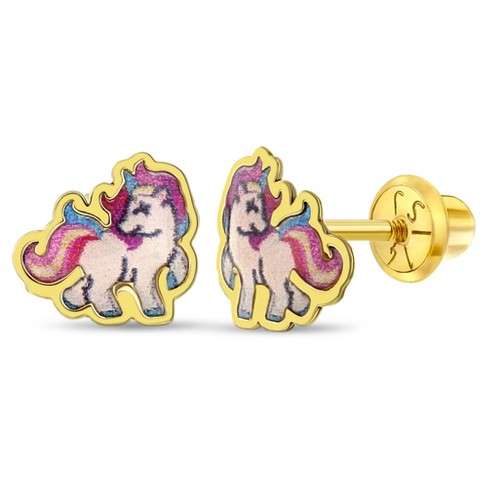 Girls' Rainbow Mane Unicorn Screw Back 14K Gold Earrings - in Season Jewelry