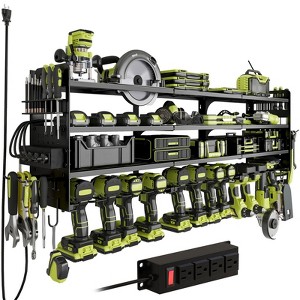 Hausource 12-Slot Power Tool Organizer Storage Racks with Pegboard, 4-Tier Drill Rack & Power Strip - 1 of 4