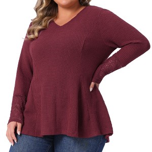 Agnes Orinda Women's Plus Size Waffle Lace Patchwork Long Sleeve V Neck Casual Flowy Blouse - 1 of 4